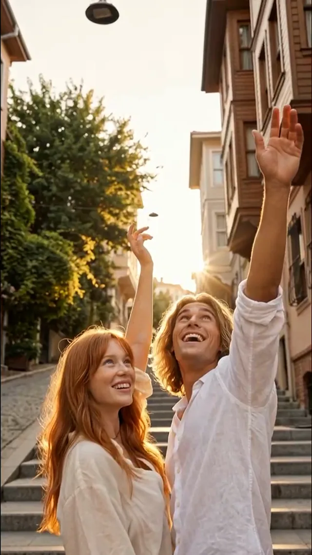 Two people celebrating on sunlit Istanbul steps
